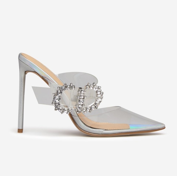#NWT- CLEAR /SILVER SIZE 7.5 STILETTO HEELPOINTED TOE BUCKLE DETAIL - Picture 1 of 7